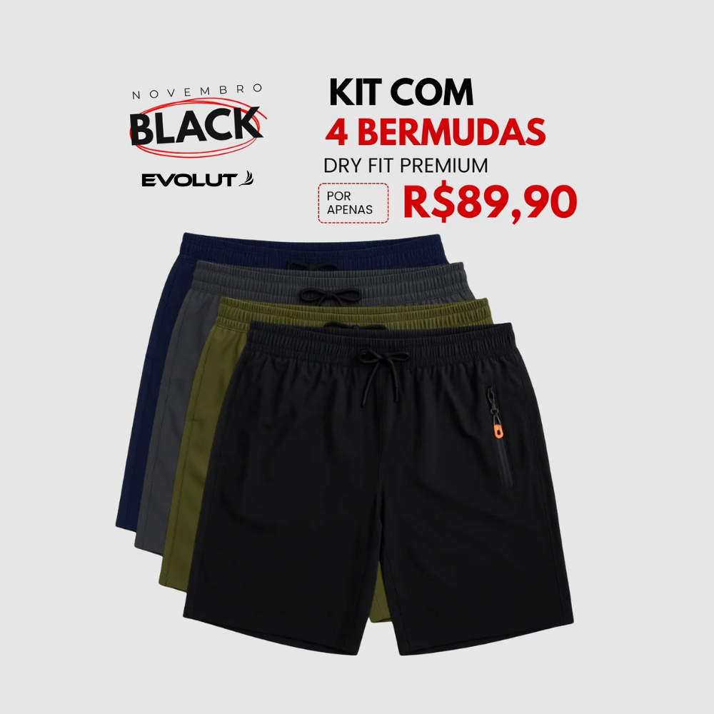 Kit 4 Bermudas DryFit Premium Evolut Performance - Secagem rápida, Bolso com Zíper e Ajuste Anatômico | FRETE GRÁTIS